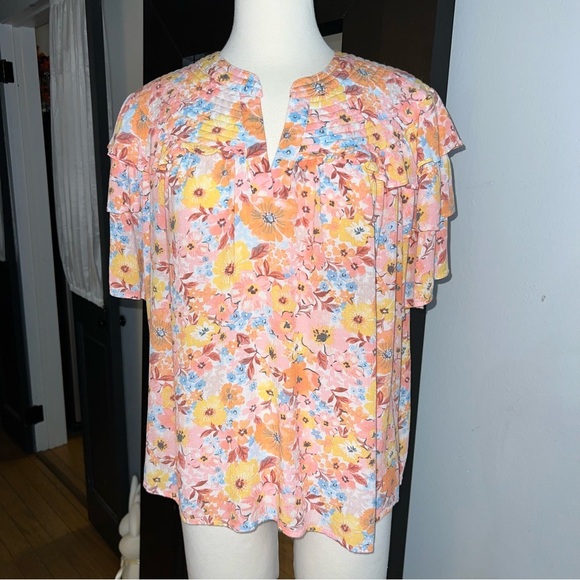 DEMOCRACY Multicolor Floral Blouse with Flowy Ruffled Sleeves - Size 2X - Picture 1 of 9